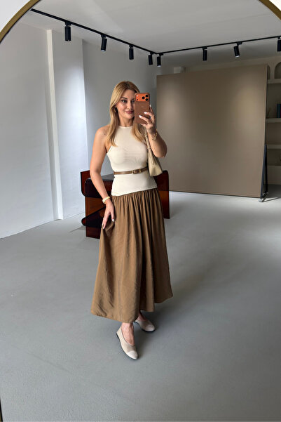 Sezgi Tekin Belted Embroidery Detail Khaki Contrast Dress