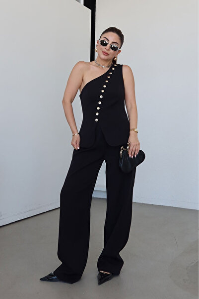 My Blog Black Button Detailed One-Shoulder Vest Double Suit - 904348