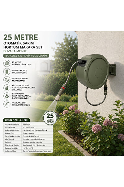 Altınkayaticaret DUVARA MONTE 25 METRE OTOMATİK GERİ SARMALI BAHÇE BALKON HOR...