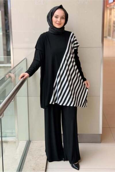 Nurcan Çetin Contrast Stripe Patterned Sleeveless Tunic Underwear Pants 3-Pie...