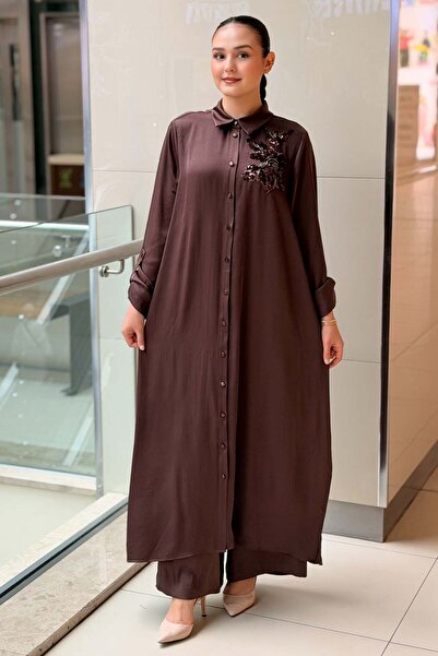 Nurcan Çetin Long Shirt and Trousers Set with Sequin and Bead Embroidery on t...