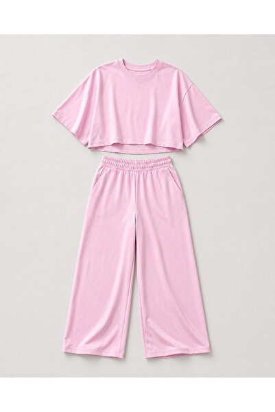 OTAKU Women's Crop T-Shirt and Elastic Wide Leg Pants Two-Piece Set