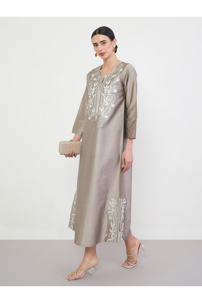 Amirah By Styli Beige Embroidered Yoke Jalabiya with Side Slit