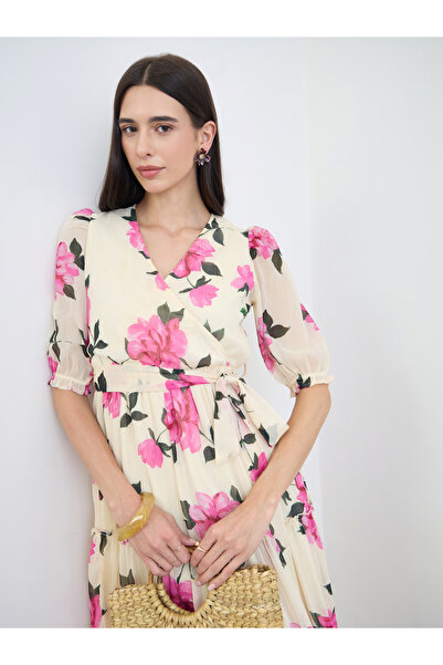 Styli Cream Floral Printed Puff Sleeve Midi Dress