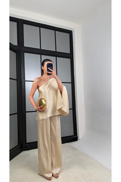 GAUS CO Taş Yarasa Kol Bluz Beli Lastikli Pantolon Saten Takım GAUS-01528