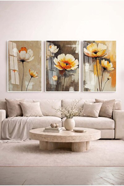 Zevahir Mobilya Dekorasyon White and Orange Colored Amber Flower 3-Piece Glas...