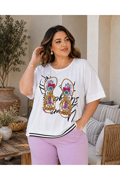 lavelina Plus Size Lycra Crew Neck Printed Stone Embroidered Hem Tulle Detail...
