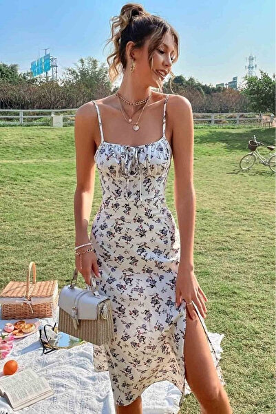 Kokosh moda Women's Floral Summer Single Jersey Dress with Rope Straps and Ti...
