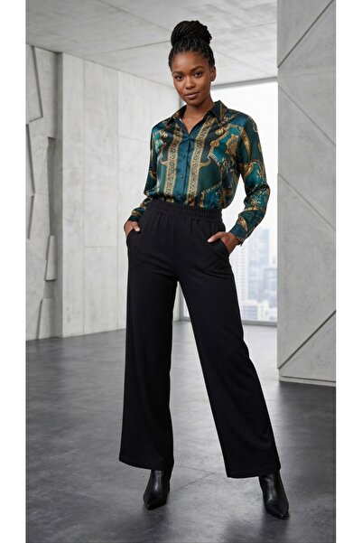 Barato Women's Black Double Face Fabric High Waist Wide Leg Plus Size Pants