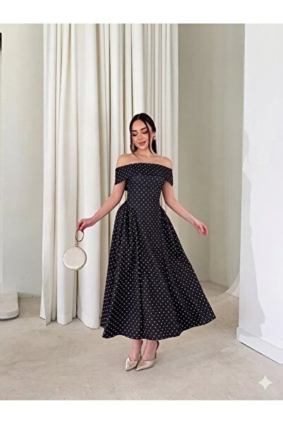 MODA Madonna Yaka Puantiyeli Yandan Pileli Midi Boy Elbise