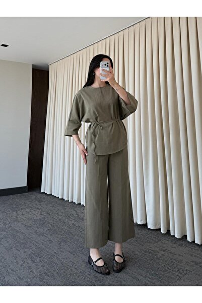 My Blog Khaki 100% Cotton Belted Suit - 8726