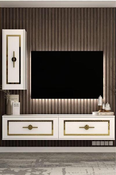 cantek dizayn TV1413CT-TRİD87-32 TV SEHPASI,ÜNİTESİ BEYAZ - ALTIN