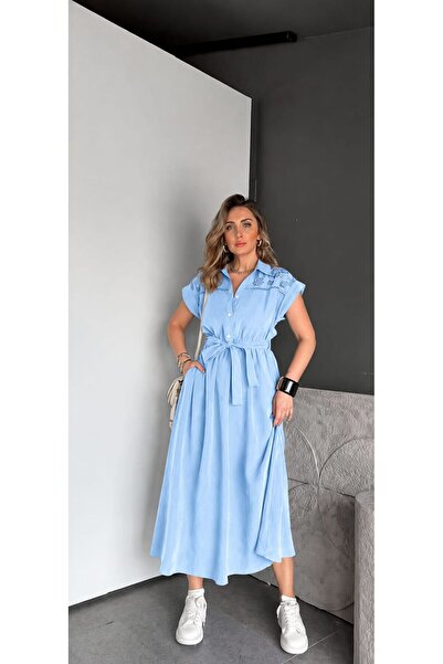 EGZOTİK ASORTİK Floral Embroidered Belted Buttoned Dress