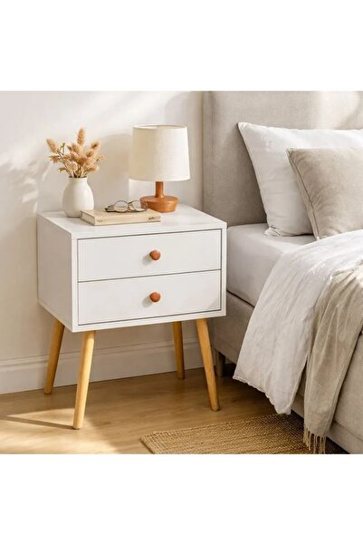 ELITECOMMERCEMARKET Noptiera din Lemn Alb cu 2 Sertare 45x28x55,5cm