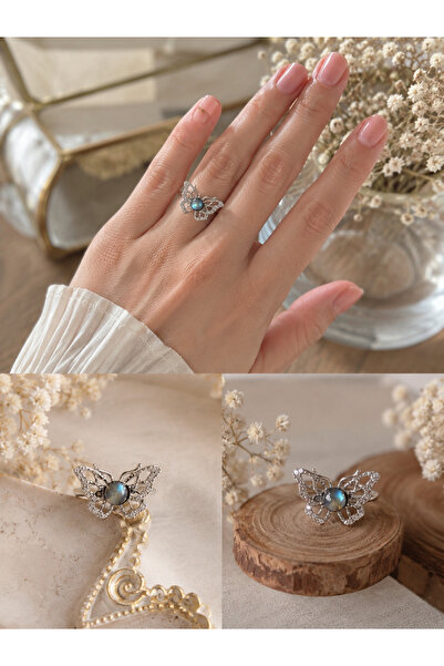 The Magıc of Healıng Labradorite Natural Stone Adjustable Butterfly Ring