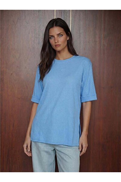 WeShaya B.Blue Knitted Short Sleeve T-Shirt with Side Slits Polyester Straigh...