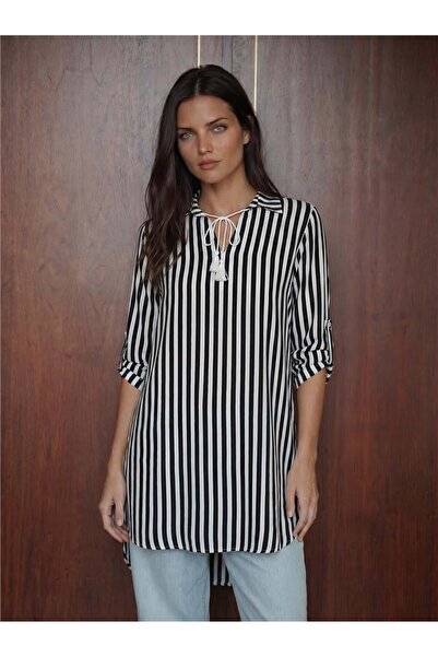 WeShaya Black Viscose Textured Lace-Up Collar Striped Long Sleeve Straight Cu...