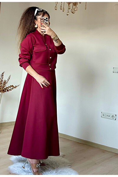 AZRA BUTİK Gold Dugmeli Skirt Blouse Set Burgundy