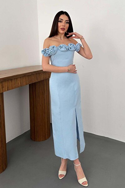Caddebostan Moda Madonna Collar Rose Slit Midi Length Evening Dress