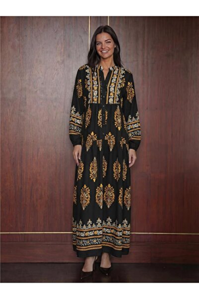 WeShaya Black Viscose Textured Long Sleeve Authentic Patterned Hijab Dress