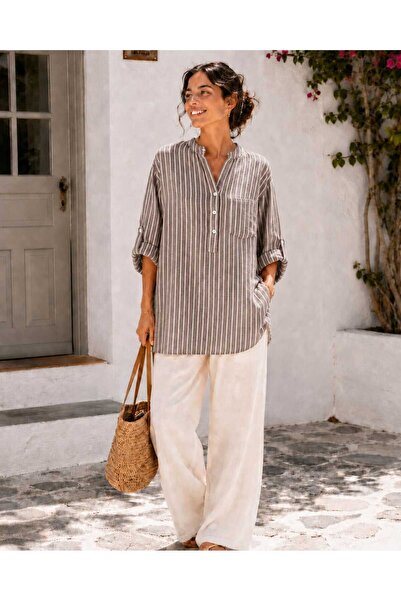 Butik Şans Women's Striped Button Detailed Oversize Three Quarter Sleeve Ital...