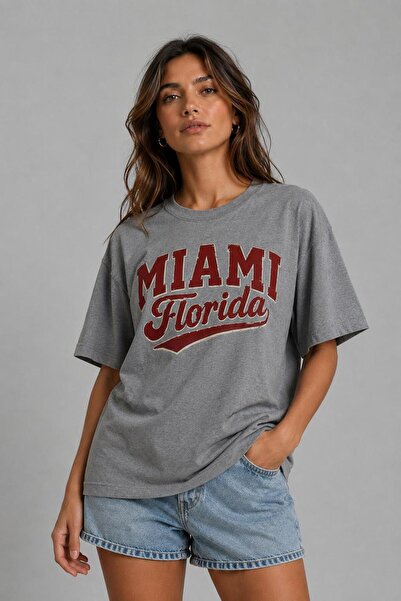 Lizbon Style Women's Oversize 100% Cotton Miami Printed Comfortable Fit T-Shi...