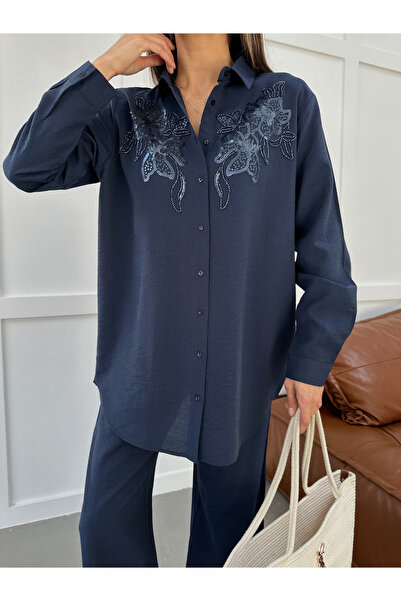 MİA NOURA Women's Shirt with Beaded Embroidery on Front and Sleeves, Oversize...