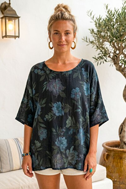 Chiccy Italian Black-Leopard Pool Collar Short Sleeve Floral Printed Linen Lo...