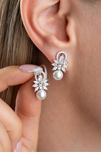 Silvano Jewelry 925 Ayar Gümüş İncili Mekik Taşlı Pırlanta Montür Küpe