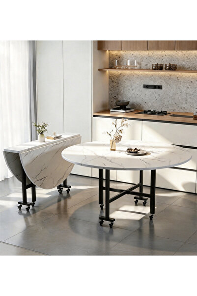 GoldenLike Foldable Mobile Round Dining Table 120cm Marble Look with Casters ...