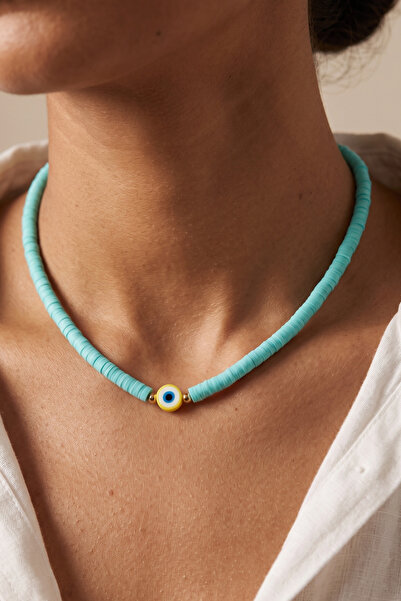MiMi Kadın Turkuaz Fimo Boncuklu Nazar Boncuğu Detaylı Choker Kolye