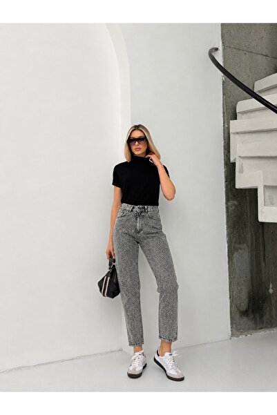 yourshıne denım co. TAM KALIP YÜKSEK BEL ÖN TAŞLI MOM JEANS