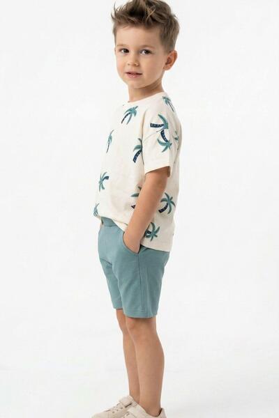 Pina Kids Boy's Cotton Palm Patterned Combed Cotton Shorts Double Set Tkm1016