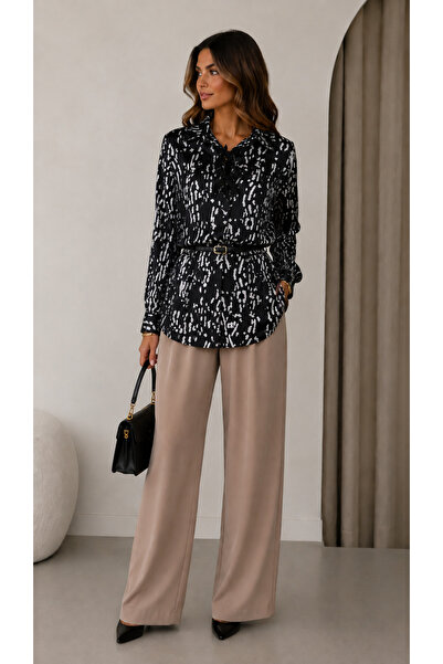 Get Crazy Women's Satin Zebra Patterned Belted Shirt