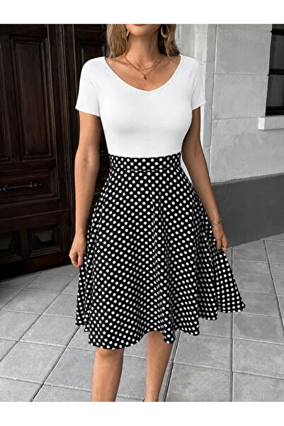 Generic Brand Women's Short Sleeve V-Neck Top Viscose Bottom Polka Dot Short ...
