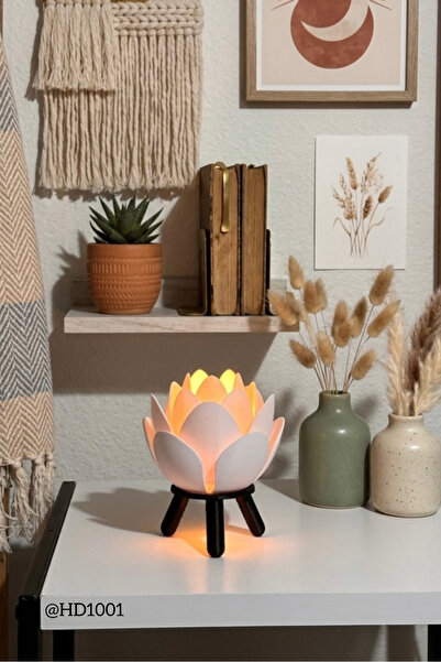 HD1001 Şık Lotus Lamba Başucu Masa Lambası Pilli Düğmeli Çiçek Model Işık Boh...