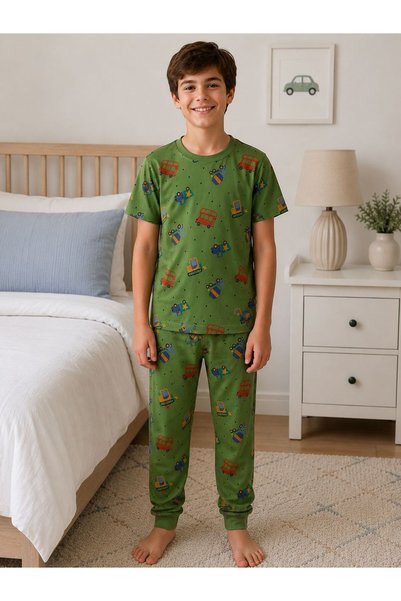 byalisdmr Boys' Pajama Set 100% Cotton Single Jersey Fabric Work Machine Printed Short Sleeves Crew Neck