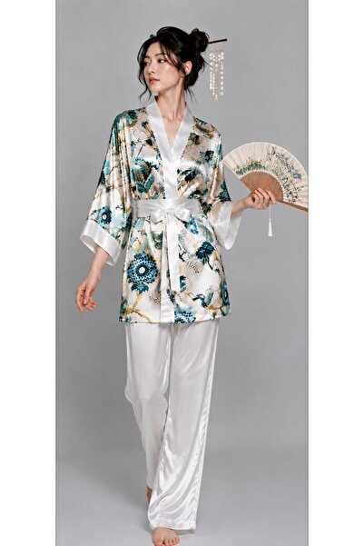 For Dreams Desenli Saten Kimono Takım Dantel Detaylı 3’lü Kadın Pijama Seti 1989