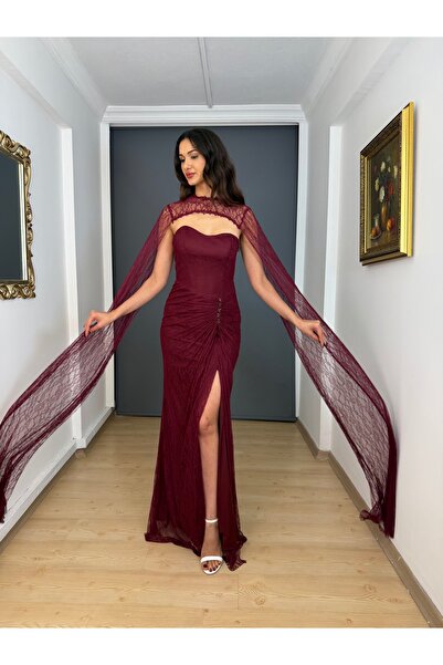 gökkuşagı moda Bordo dantel straplez pelerinli yırtmaçlı uzun abiye elbise