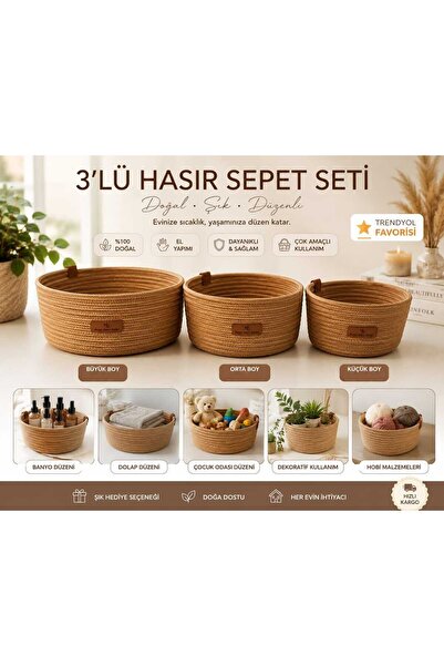NERGİS HOME DESİGN jüt Görünümlü Dekoratif 3 lü sepet 25x10 20x10 15x10