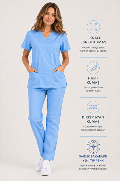 İNCİ ÜNİFORMA Likralı Kadın Scrubs Medikal Forma Takımı Hastane Doktor Hemşir...