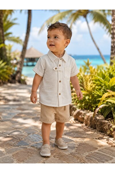 Pure Boutique Muslin baby boy outfit with beige shirt and shorts