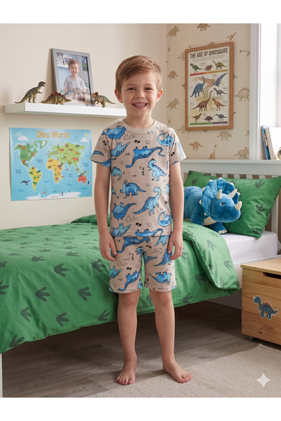 deve kids Dečaci Pamuk Letnja Tanka Tkanina Bež Plava Dinosaurusi Uzorak Krat...