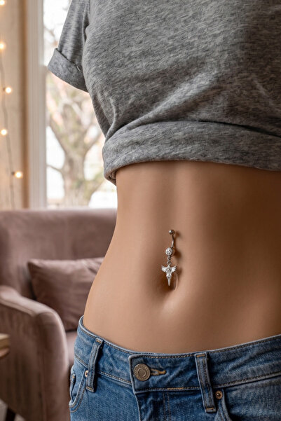 shop Gümüş Renk Anka Kuşu Figürlü Taş Detaylı Cerrahi Çelik Göbek Piercing