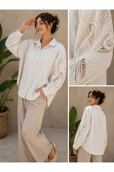 TUGBA COLLECTION İTHAL KOL NAKIŞ DANTEL PAYET İŞLEMELİ %100 KETEN ŞIK & ZARİF...