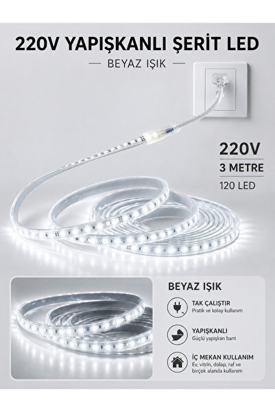 BRK LİGHTİNG Hortum Esnek Şerit Led 3 Metre Beyaz + 220 Volt Fiş