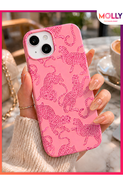 Molly iPhone 14 İçin Pink Predator Desenli İçi Kadife Silikon Kılıf