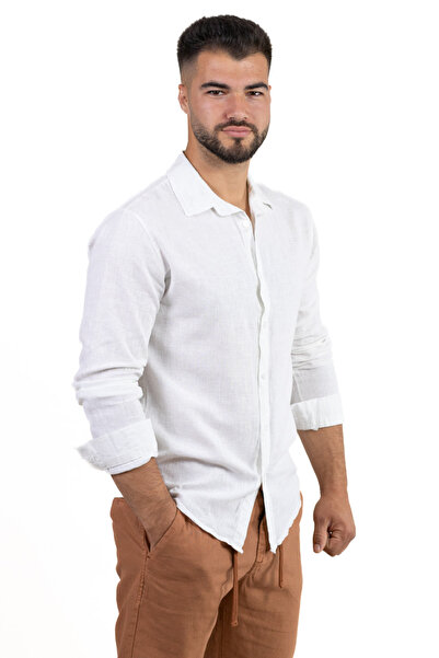 MAXWEAR Cămașă alba din in 100% cu guler normal