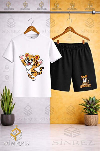SİNREZ Tricou cu imprimeu TIGER HANDS IN THE AIR pentru copii - Set pantaloni...