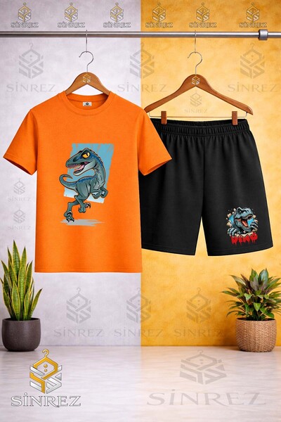 SİNREZ تي شيرت مطبوع عليه DINAZOR TURQUOISE CANVAS برقبة دائرية - طقم شورت